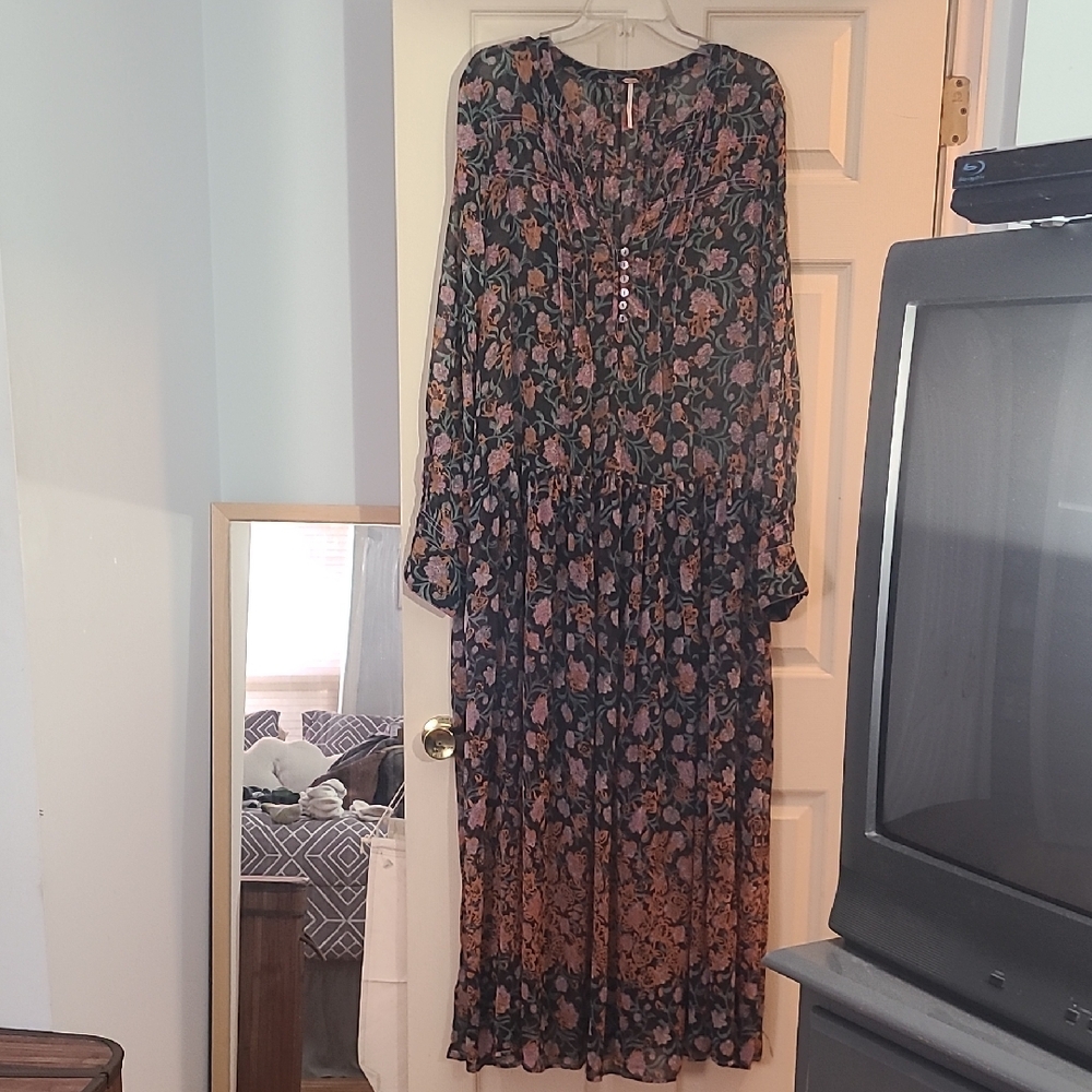 XL Free People Black Maxi Dress with Rose Floral Print